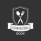 Cooking book or food studio logo. Shield with crossed spoon and fork. Flat vector