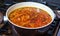 Cooking of borscht. A pan with prepared borscht on a gas stove