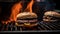 cooking burgers on a hot grill with flames, generative AI tools