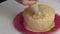 Cooking carrot cake. The woman decorates the cake with cream. Close-up shot