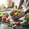 Cooking - chef\\\'s hands preparing vegetable vegetarian stew (thick soup). Kitchen scenery - pot with recipe