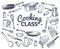 Cooking class. Sketch kitchen tool, kitchenware. Soup pan, knife and fork, spoon and grater chef utensils doodle vector