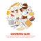 Cooking club promo poster with kitchenware and chef