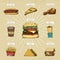 Cooking collection, fast food. pizza and burger, drink and french fries, chicken and sandwich, hamburger and coffee, hot