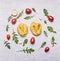 Cooking Concept nest pasta Cherry tomatoes arugula and garlic rustic wooden background top view