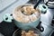 Cooking diced cubed dried tofu on gas stove in home kitchen, lifestyle, closeup