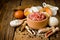 Cooking dumplings: minced meat, onion, salt, pepper, flour, egg, oil on old wooden table, rustic style