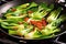 cooking exotic veggies like bok choy in a grill wok