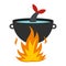 Cooking fish soup on a fire icon, flat style