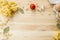 Cooking food background with free space for text. Composition with pasta, tomato, eggs, garlic, bay leaf over the wood background