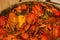 Cooking freshwater crayfish in a pan. Crayfish boil in boiling water, close-up. Cooking crayfish in boiling water