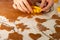 Cooking gingerbread, Women`s hands cut out shapes with a pattern for cookies