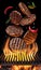 Cooking Hamburger cutlet. Conceptual picture. Steak with spices and cutlery under burning grill grate