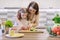 Cooking healthy home meal by family. Mother and daughter cut vegetables at home in the kitchen for salad