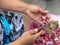 Cooking and home concept - close up of female hands and knife taking off peel of garlic on basin