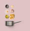 Cooking ingredients for italian food, carbonara, on pink background