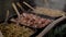 Cooking kebab,meat, sausages and steak on grill,on an open fire in evening at traditional street food festival