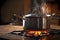 cooking in kitchen steel pot on gas burner