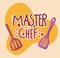 cooking master chef spatulas utensils, cartoon hand drawn lettering