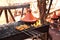 Cooking of meat in traditional Moroccan ceramic tajine dish, Morocco