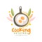 Cooking original logo design, kitchen emblem with frying pan and egg can be used for culinary class, school, studio hand