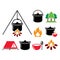 Cooking over a fire, campfire cooking, hike vector color icons set - food, aventure, travel idea