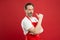 Cooking is passion. Cook with beard and mustache wear apron red background. Man mature cook posing cooking apron. Fine