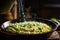 cooking pea risotto in the countryside house kitchen, homemade comfort food for dinner in vintage rustic country style
