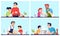 Cooking people, fathers and children with food flat vector illustrations set. Daddies and kids preparing dinner, family