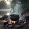 cooking pot hanging above camp fire riverside