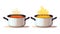 Cooking pot and pan. Boiled water in pots, pasta in saucepan and scrambled eggs in dripping pan, vector illustration for kitchen
