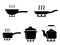 Cooking Pot Pan Kettle Set. Various icons depicting cooking utensil pot pan kettle over stove fire. Expanded black and white EPS
