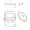 Cooking pot with a pot lid eccentric drawing. Doodle line art artistic crockery vector black amd white sketch illustration