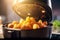 Cooking potatoes in air fryer at home, healthy eating, close-up food photography. Generative AI