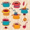 Cooking pots vector set isolated on beige floral background