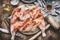 Cooking preparation of Chicken Tabaka on rustic kitchen table background with tools and ingredients, top view. Traditional Georgi