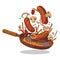 A Cooking Process, isolated vector illustration. A vivid picture of a frying pan in motion with sausages and vegetables