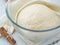 Cooking process. Leavened fresh dough in misted bowl. Preparing dough for cakes, pastries, buns or pizza.