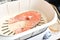 Cooking process, salmon in a double boiler, steamed. Healthy eating concept