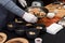 cooking process of Suquet de Peix soup with potatoes, herbs and fish with the addition of picada close-up in a saucepan