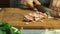 Cooking quiche recipe and cutting bacon