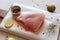 Cooking of raw piece of tuna albacore