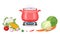 Cooking in red pan. Steaming food in  pot on gas stove isolated on white background. Vegetables whole and chopped.