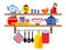 Cooking and restaurant equipment on kitchen shelves. Vector illustration in flat style