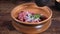 Cooking in restaurant, food video, slow motion. Close-up shot of male chef in black gloves preparing gourmet dish of