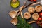 Cooking scene: Cherry tomatoes, pasta, spices on table