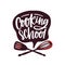 Cooking school lettering written with cursive font in speech bubble vector flat logotype. Culinary courses logo