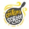 Cooking school logo with hand written lettering emblem inscription in pan silhouette