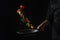 Cooking seafood, frying in a pan with vegetables, veggie healthy food, on a black background, menu and restaurant business