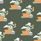 Cooking seamless pattern. Cutlery, crockery, cute monster chef. Vector illustration Flat style